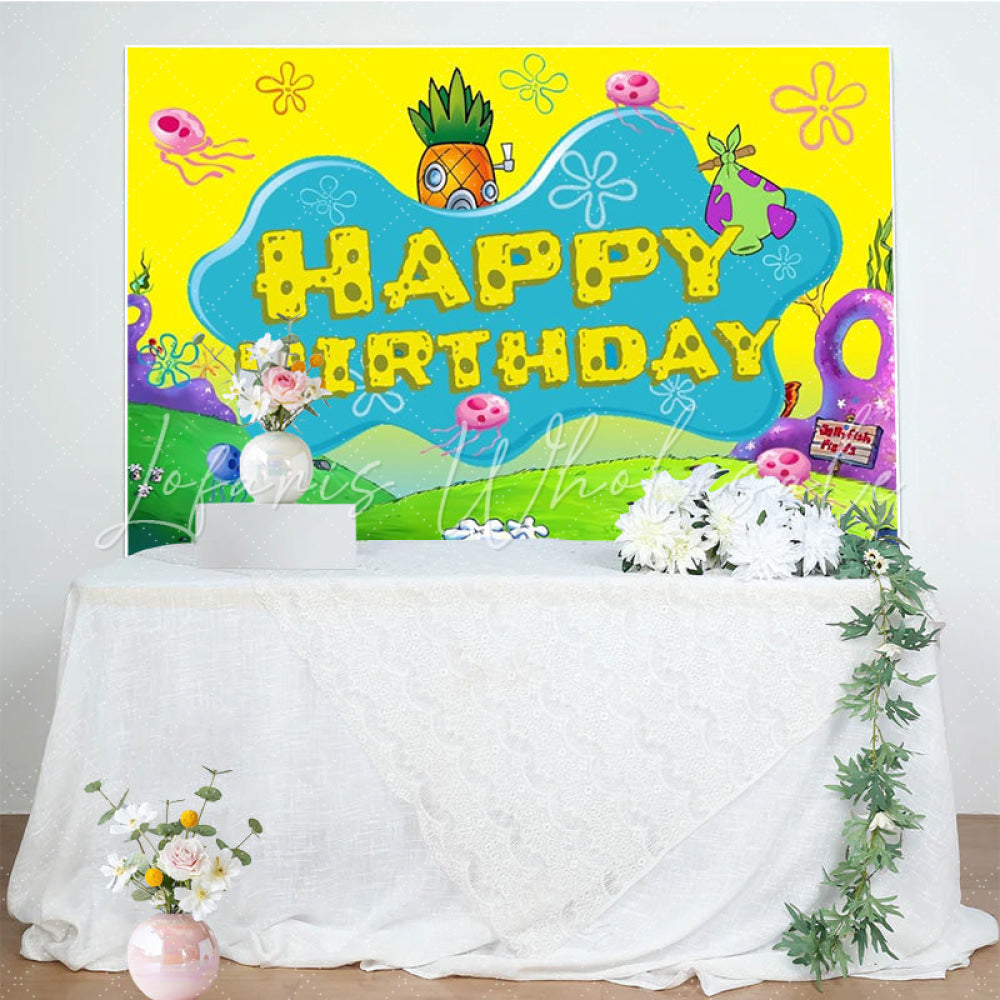 Cartoon Undersea Yellow Spongebob Happy Birthday Backdrop