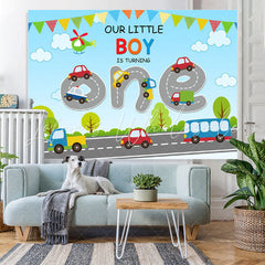 Lofaris Cartoon Vehicle With Highway 1st Birthday Backdrop