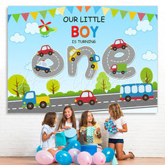 Lofaris Cartoon Vehicle With Highway 1st Birthday Backdrop