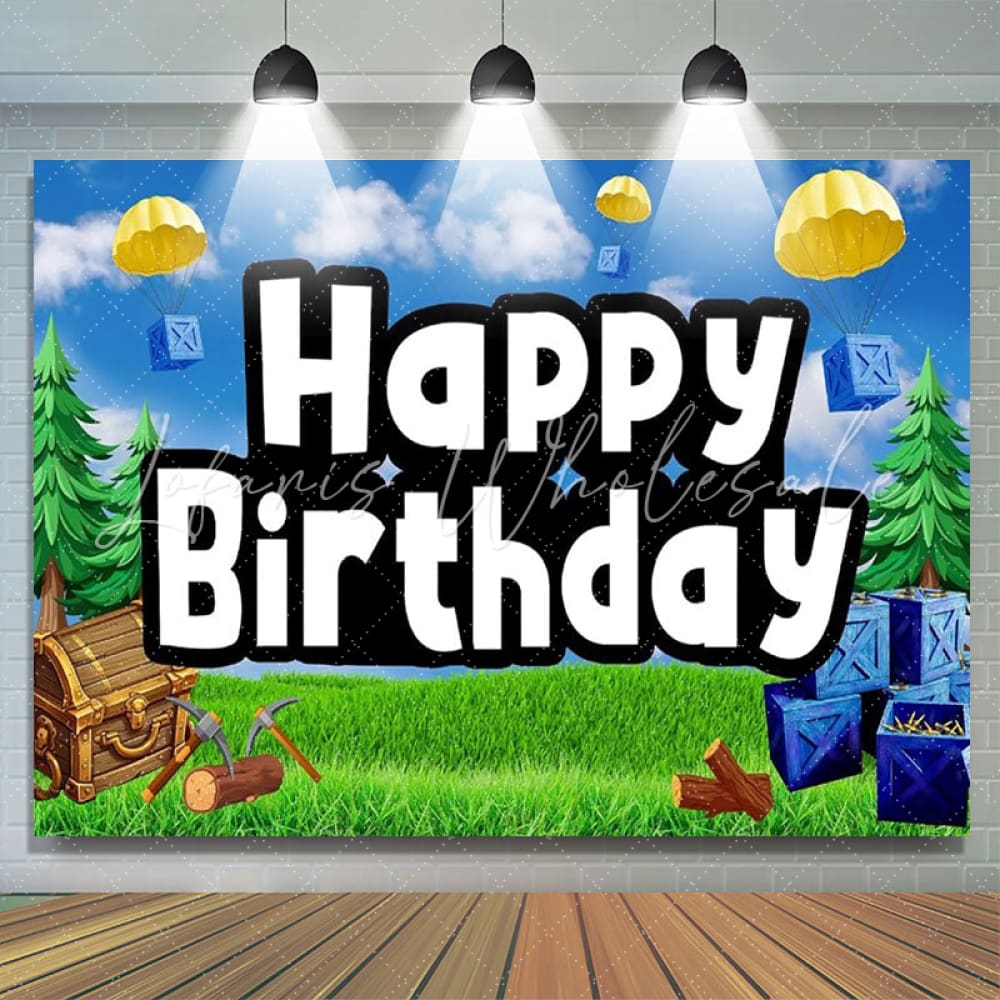 Cartoon Wild Airdrop Happy Birthday Video Game Party Backdrop