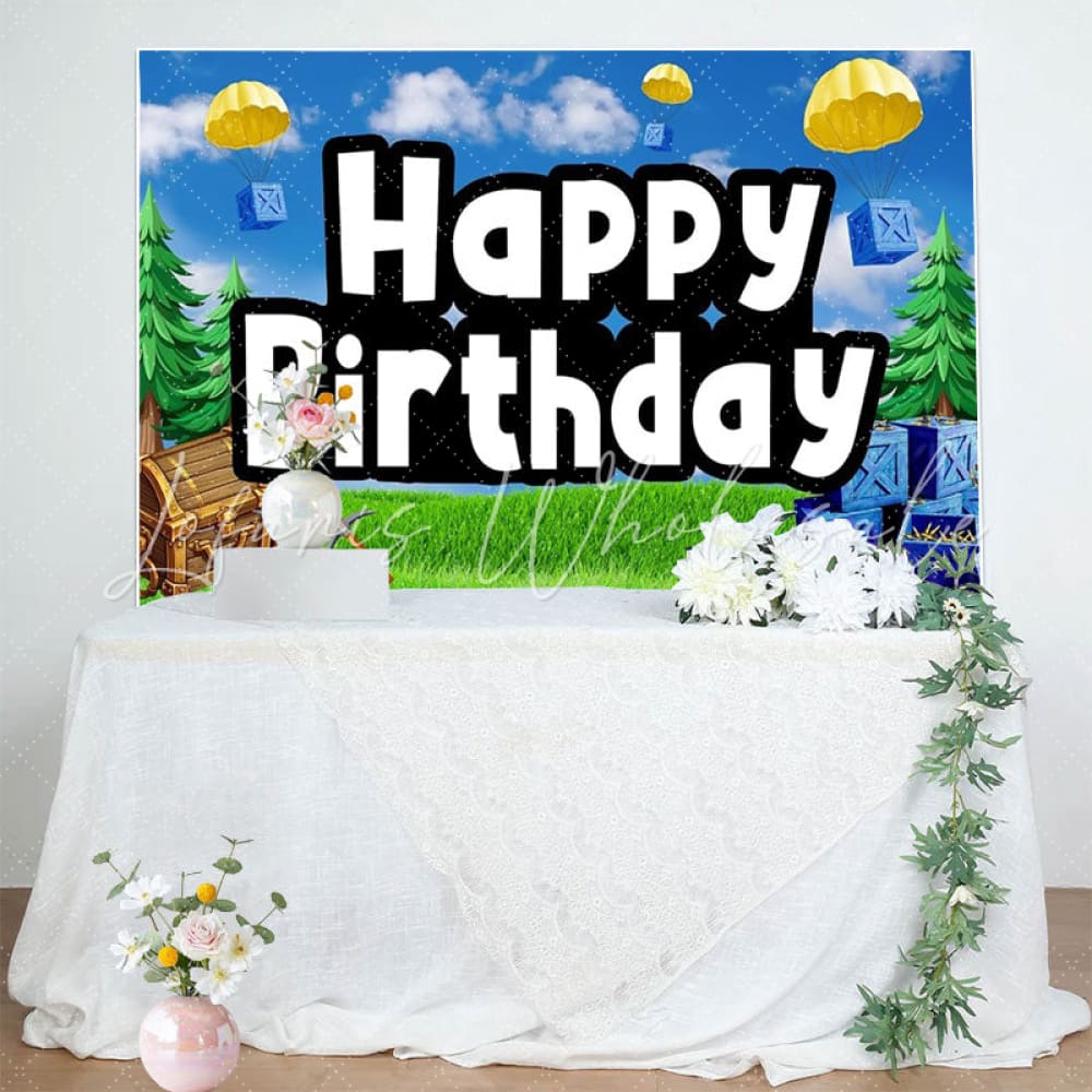 Cartoon Wild Airdrop Happy Birthday Video Game Party Backdrop