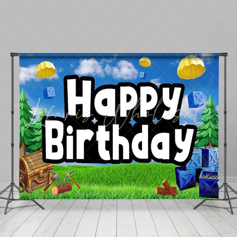 Cartoon Wild Airdrop Happy Birthday Video Game Party Backdrop