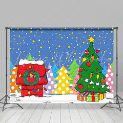 Lofaris Cartoon Xmas Trees Star Red House Christmas Backdrop