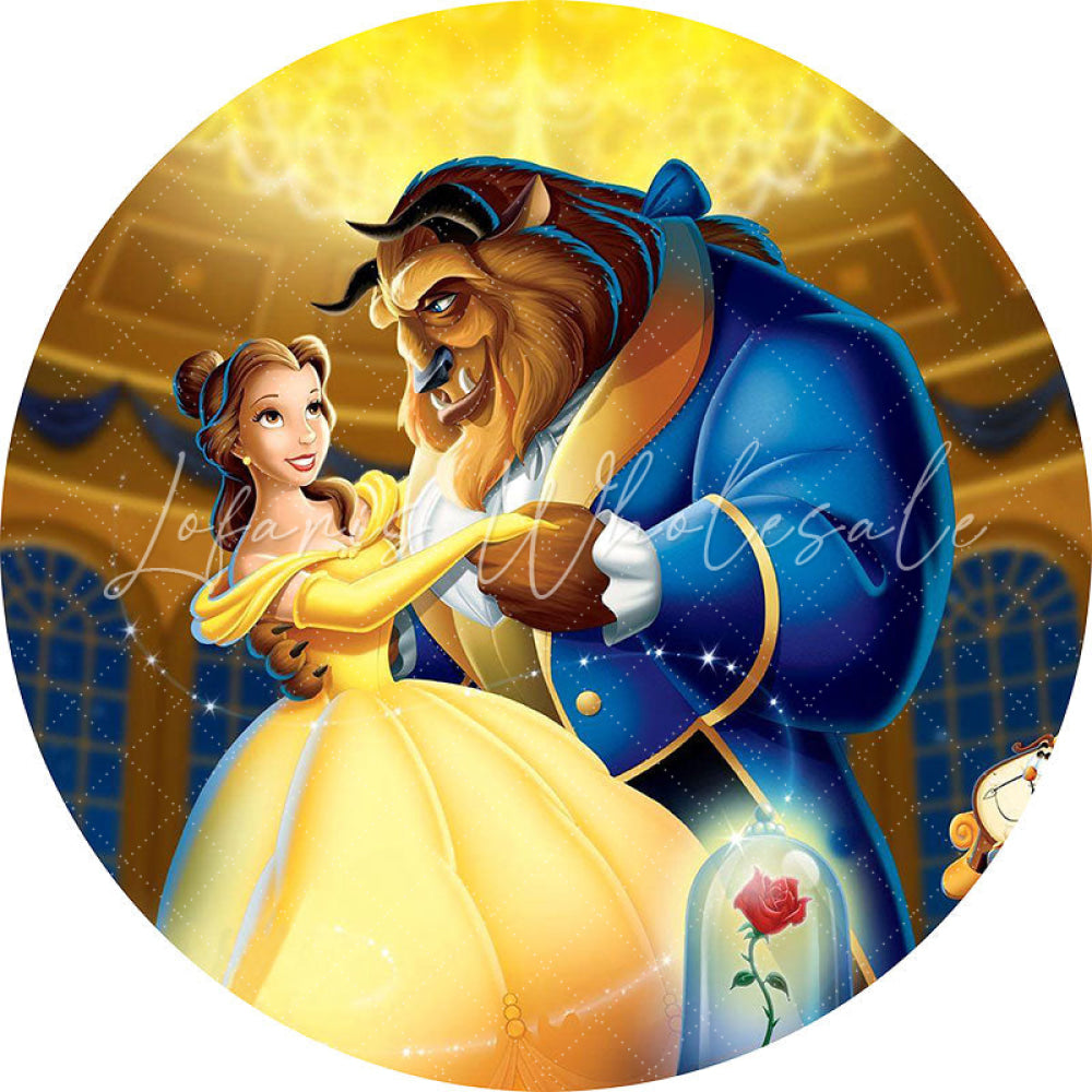Lofaris Cartoon Yellow Dress Princess And Beat Round Birthday Backrop Kit