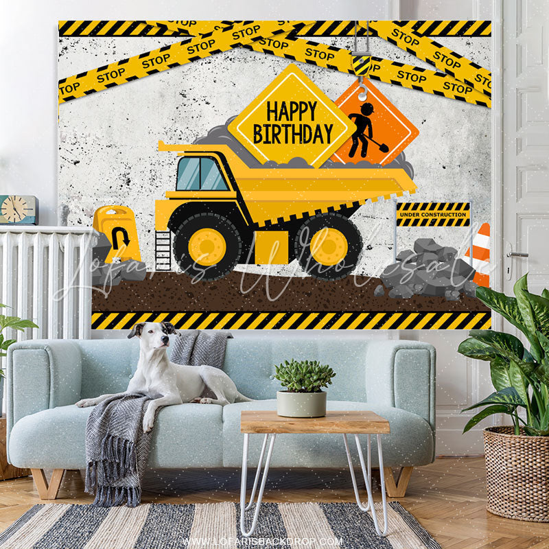 Lofaris Cartoon Yellow Truck Stop Theme Happy Birthday Backdrop