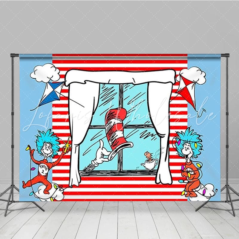 Cat in The Hat Red and Blue Stripes Birthday Party Backdrop