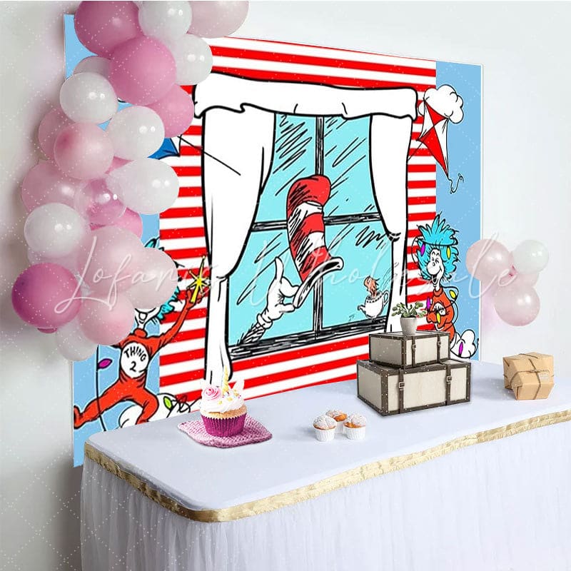 Cat in The Hat Red and Blue Stripes Birthday Party Backdrop