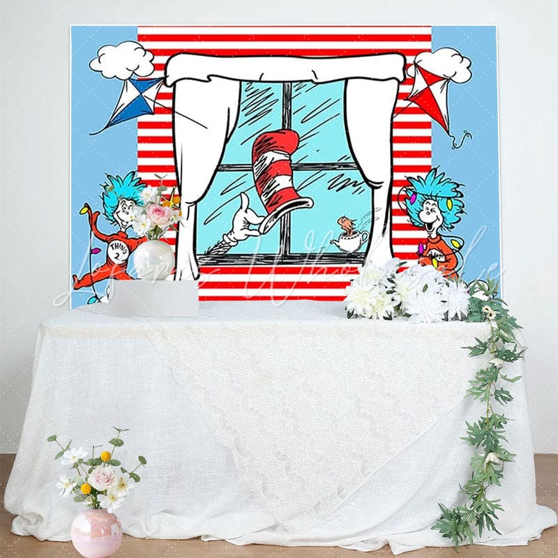 Cat in The Hat Red and Blue Stripes Birthday Party Backdrop