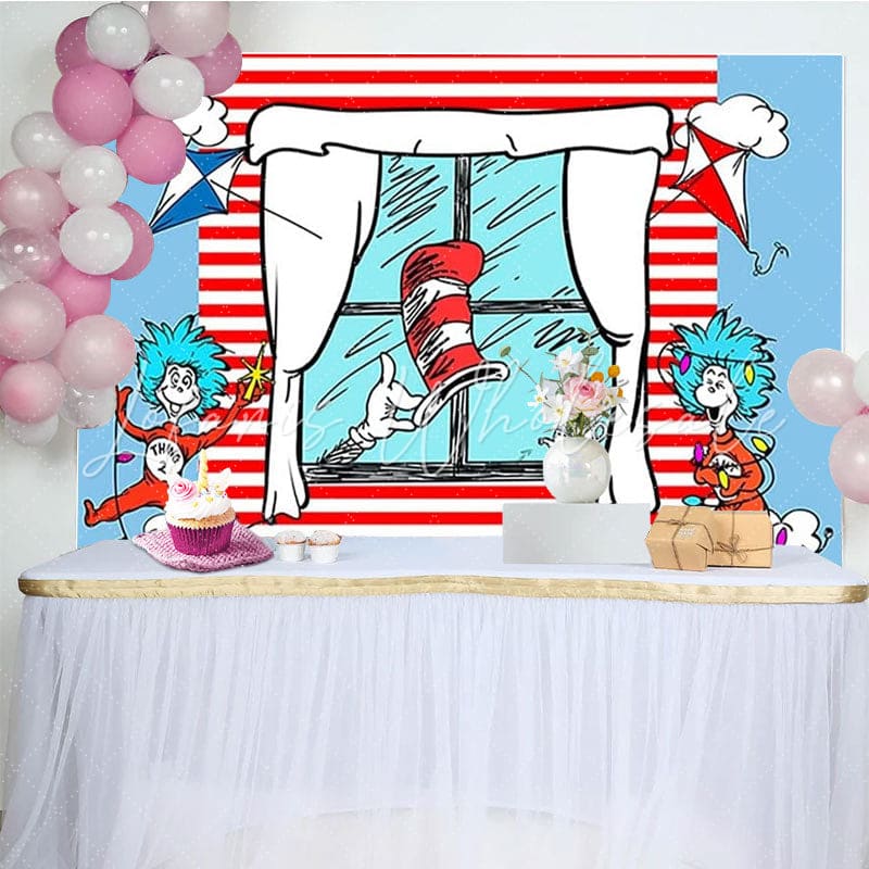 Cat in The Hat Red and Blue Stripes Birthday Party Backdrop