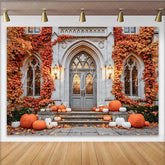 Celebrate Autumn Backdrop with Pumpkins and Vintage Stone Door Rustic Fall Maple Leaves Background for Thanksgiving Party