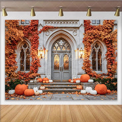 Celebrate Autumn Backdrop with Pumpkins and Vintage Stone Door Rustic Fall Maple Leaves Background for Thanksgiving Party