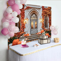 Celebrate Autumn Backdrop with Pumpkins and Vintage Stone Door Rustic Fall Maple Leaves Background for Thanksgiving Party