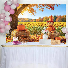 Celebrate Autumn Backdrop with Scarecrow and Pumpkins for Harvest Beautiful Sunflower Field Background for Portrait Photoshoot