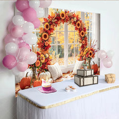Celebrate Autumn Backdrop with Sunflowers and Pumpkins for Portrait Cozy Window Background for Fall Studio Photoshoot