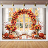 Celebrate Autumn Backdrop with Sunflowers and Pumpkins for Portrait Cozy Window Background for Fall Studio Photoshoot