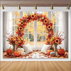 Celebrate Autumn Backdrop with Sunflowers and Pumpkins for Portrait Cozy Window Background for Fall Studio Photoshoot