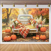 Celebrate Autumn Backdrop with Vintage White Truck and Pumpkins Rustic Fall Harvest Background for Studio Portrait