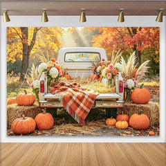 Celebrate Autumn Backdrop with Vintage White Truck and Pumpkins Rustic Fall Harvest Background for Studio Portrait