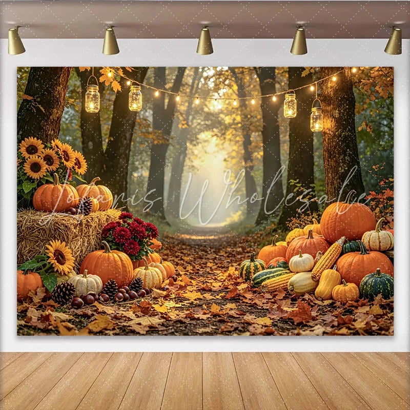 Celebrate Autumn Forest Path Backdrop with Pumpkins and Sunflowers Warm Light Background for Thanksgiving Party Decoration