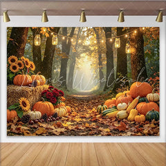 Celebrate Autumn Forest Path Backdrop with Pumpkins and Sunflowers Warm Light Background for Thanksgiving Party Decoration