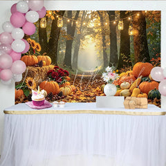 Celebrate Autumn Forest Path Backdrop with Pumpkins and Sunflowers Warm Light Background for Thanksgiving Party Decoration
