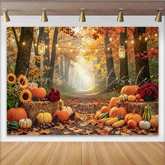 Celebrate Autumn Forest Pumpkin Patch Autumn Backdrop for Photoshoot with Warm String Lights and Hay Bales Background for Studio
