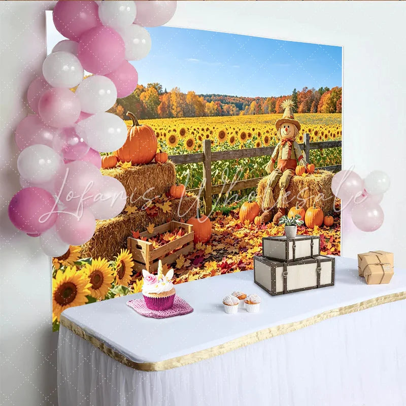Celebrate Autumn Harvest Backdrop with Scarecrow and Pumpkins Beautiful Sunflower Field Background for Fall Photoshoot