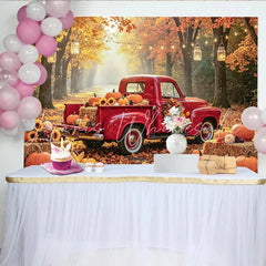 Celebrate Autumn Harvest Red Truck Photography Backdrop with Pumpkins Rustic Fall Forest Background for Thanksgiving Party Decor