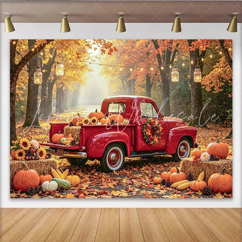 Celebrate Autumn Harvest Red Truck Photography Backdrop with Pumpkins Rustic Fall Forest Background for Thanksgiving Party Decor