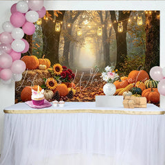Celebrate Autumn Harvest Thanksgiving Backdrop with Pumpkins Rustic Forest Path Background for Family Portrait