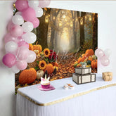 Celebrate Autumn Harvest Thanksgiving Backdrop with Pumpkins Rustic Forest Path Background for Family Portrait