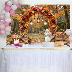 Celebrate Autumn Maple Arch Thanksgiving Backdrop for Family Party Rustic Pumpkin and Lantern Background for Harvest Photoshoot