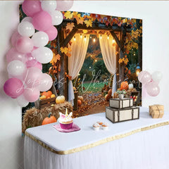 Celebrate Autumn Maple Leaf and Pumpkin Thanksgiving Backdrop Rustic Wooden Arch Background for Fall Harvest Party