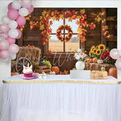 Celebrate Autumn Pumpkin and Maple Leaf Thanksgiving Backdrop Rustic Wood Barn Background for Harvest Festival Party Decor