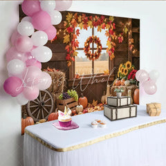 Celebrate Autumn Pumpkin and Maple Leaf Thanksgiving Backdrop Rustic Wood Barn Background for Harvest Festival Party Decor
