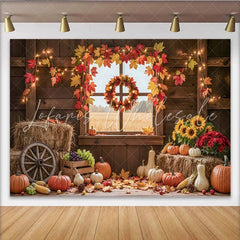Celebrate Autumn Pumpkin and Maple Leaf Thanksgiving Backdrop Rustic Wood Barn Background for Harvest Festival Party Decor