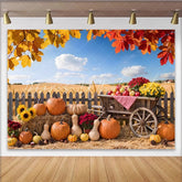 Celebrate Autumn Pumpkin Patch Photography Backdrop for Fall Portrait Rustic Wooden Cart and Sunflower Background for Studio