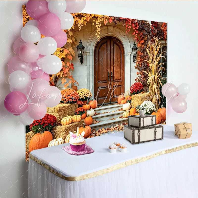 Celebrate Autumn Pumpkin Thanksgiving Backdrop for Porch Decor Rustic Fall Harvest Wooden Door Background for Photo Booth