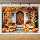 Celebrate Autumn Pumpkin Thanksgiving Backdrop for Porch Decor Rustic Fall Harvest Wooden Door Background for Photo Booth