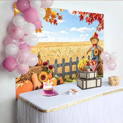 Celebrate Autumn Pumpkin Thanksgiving Backdrop with Scarecrow Beautiful Wheat Field Banner for Autumn Party Decoration