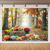 Celebrate Autumn Pumpkin Thanksgiving Backdrop with Sunflowers Rustic Harvest Forest Background for Autumn Photography