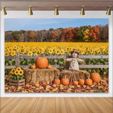 Celebrate Autumn Sunflower Field and Pumpkins Autumn Backdrop Cute Scarecrow Photo Background for Thanksgiving Harvest Party