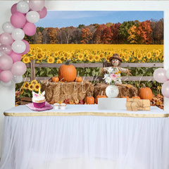 Celebrate Autumn Sunflower Field and Pumpkins Autumn Backdrop Cute Scarecrow Photo Background for Thanksgiving Harvest Party