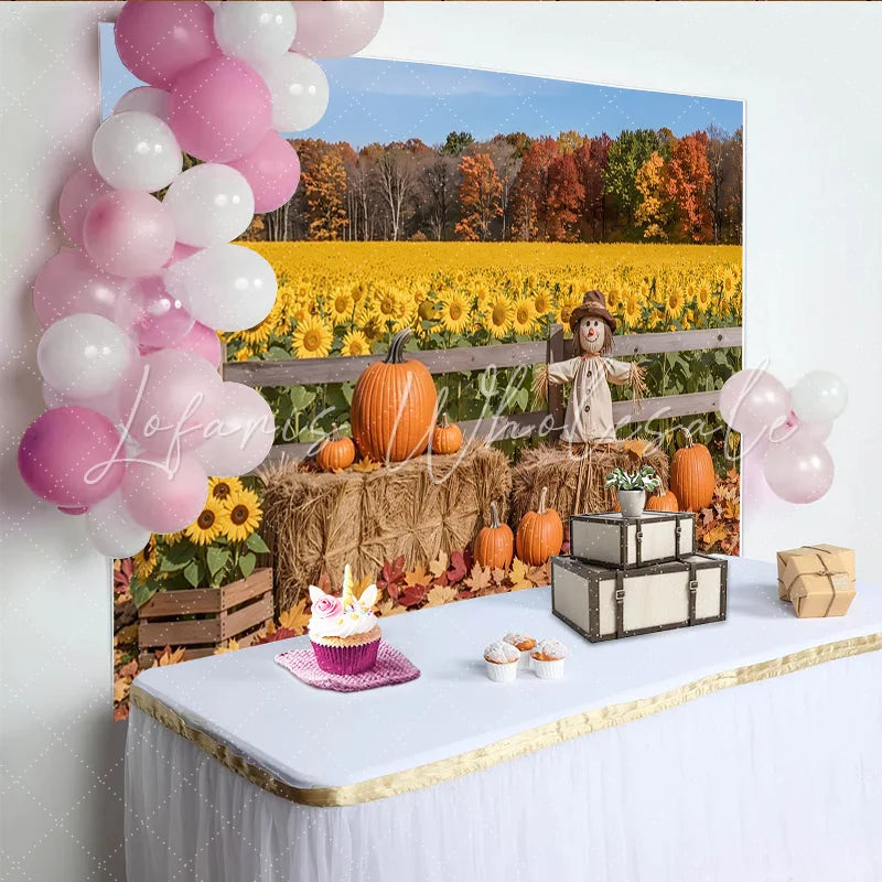 Celebrate Autumn Sunflower Field and Pumpkins Autumn Backdrop Cute Scarecrow Photo Background for Thanksgiving Harvest Party
