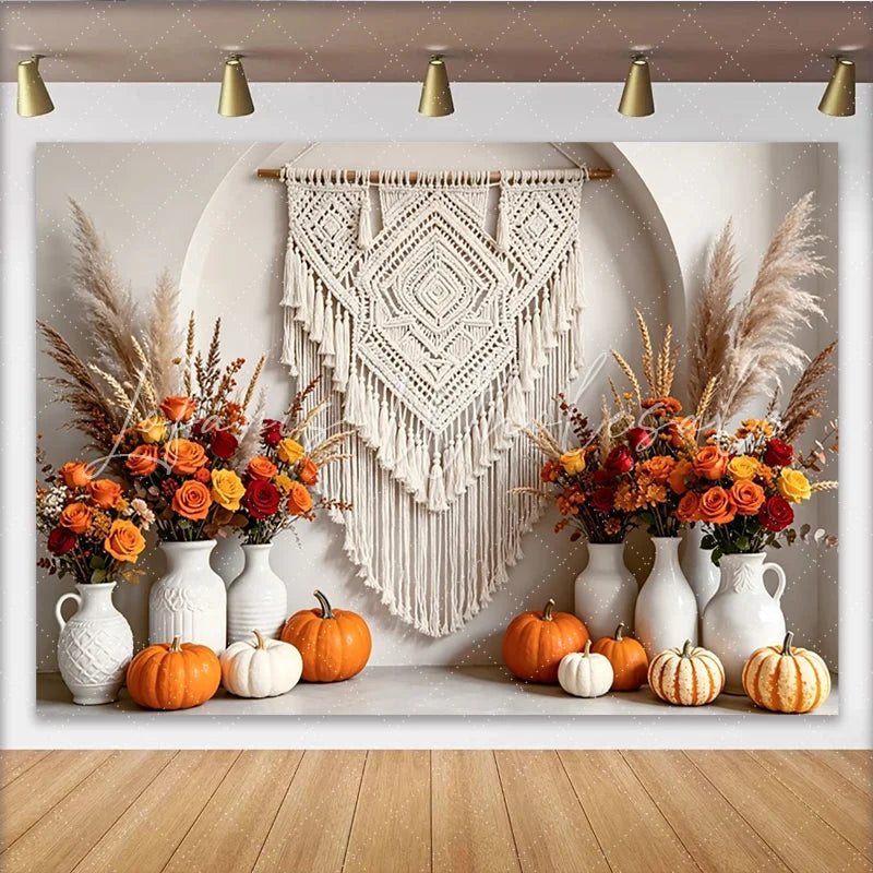 Celebrate Boho Autumn Backdrop with Macrame and Orange Pumpkins Rustic Floral Background for Thanksgiving Photoshoot