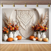 Celebrate Boho Autumn Backdrop with Macrame and Orange Pumpkins Rustic Floral Background for Thanksgiving Photoshoot