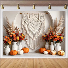 Celebrate Boho Autumn Backdrop with Macrame and Orange Pumpkins Rustic Floral Background for Thanksgiving Photoshoot