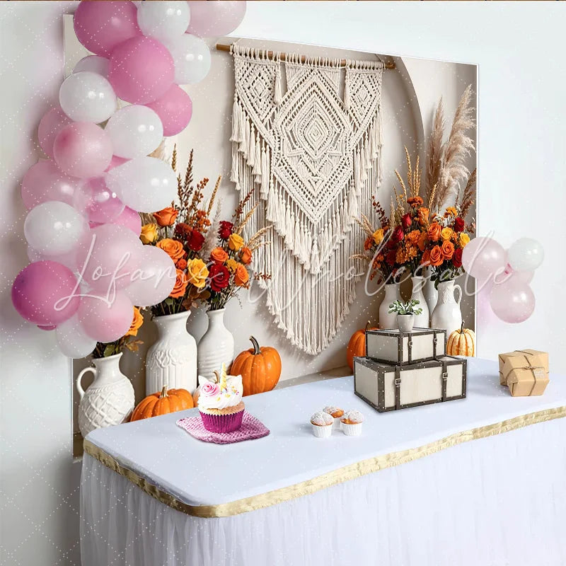 Celebrate Boho Autumn Backdrop with Macrame and Orange Pumpkins Rustic Floral Background for Thanksgiving Photoshoot