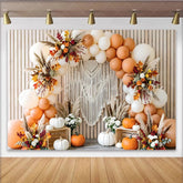 Celebrate Boho Autumn Backdrop with Pumpkins and Balloons for Portrait Rustic Wood Background for Thanksgiving Party Decor