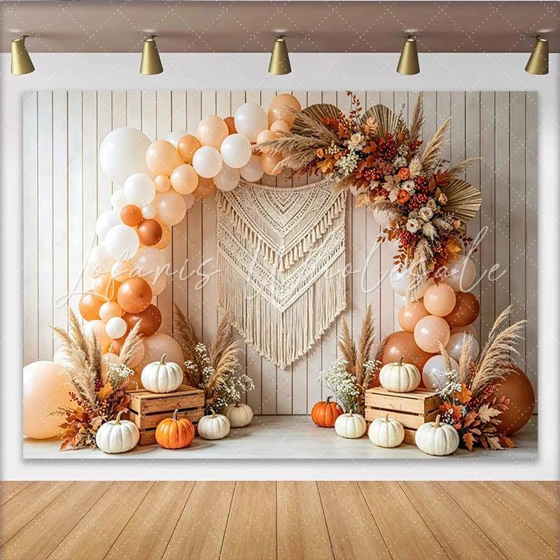 Celebrate Boho Autumn Pumpkin Thanksgiving Backdrop for Fall Harvest Rustic Wood Wall Background with Balloon Arch and Macrame